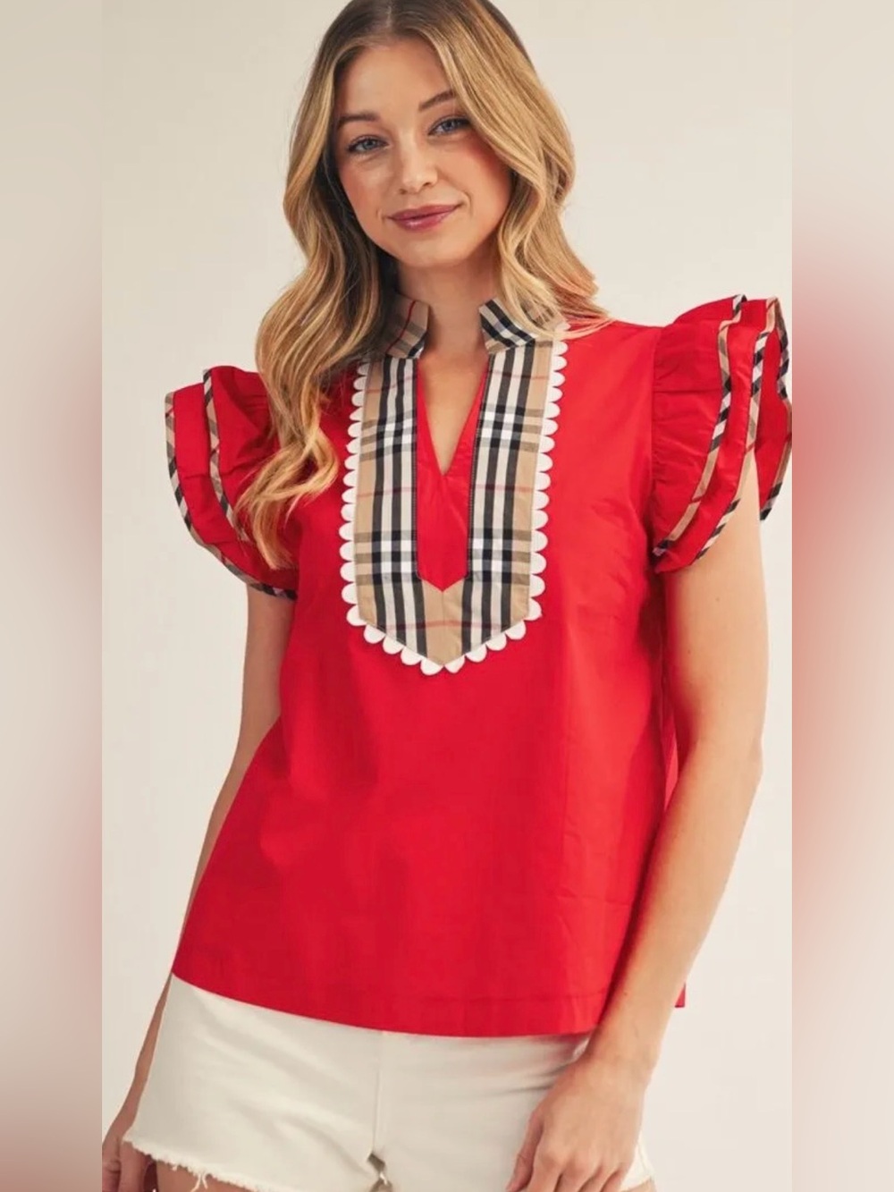JODIFL Red Short Ruffle Sleeve Top with Plaid Bib